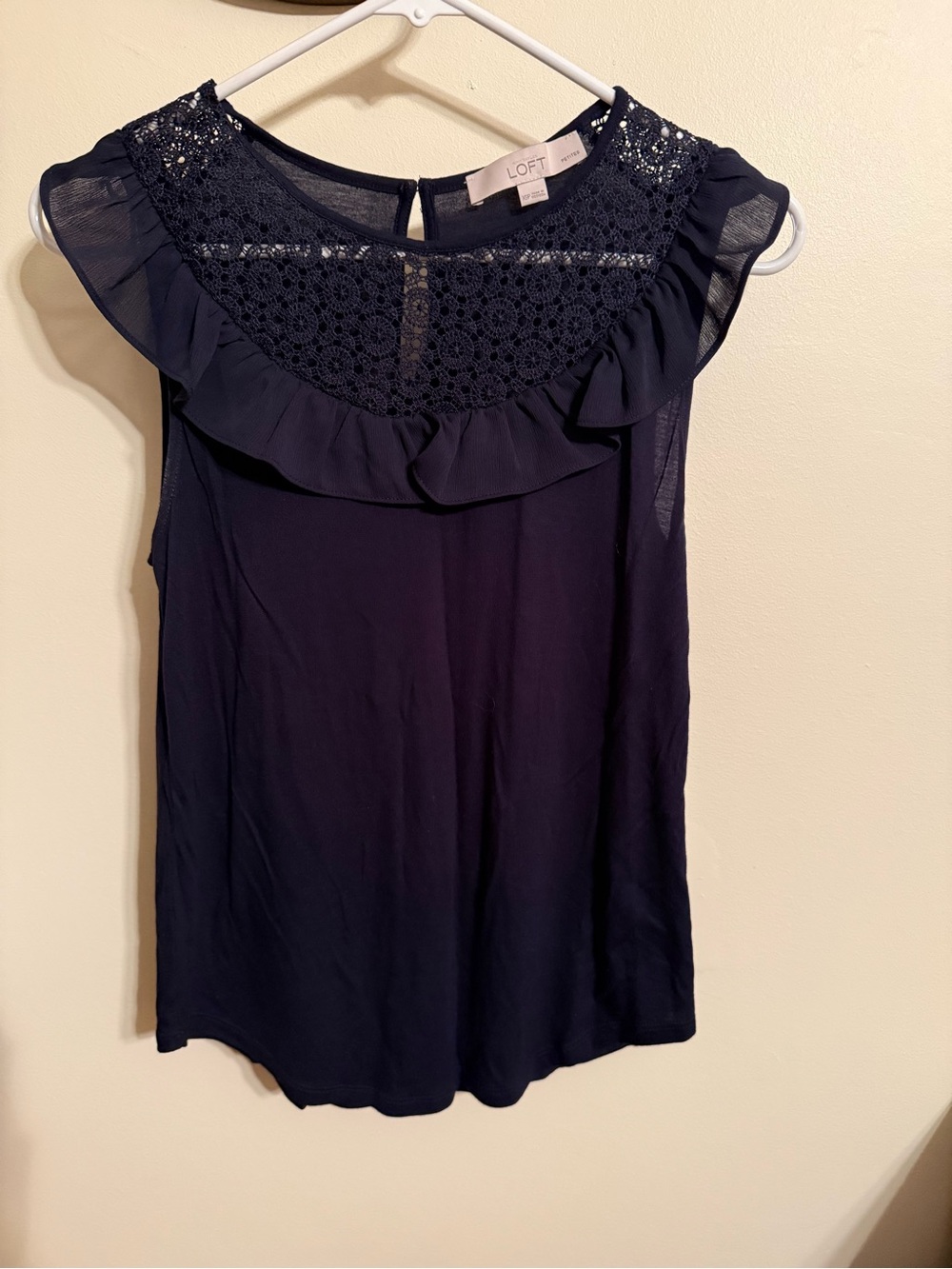 LOFT Navy Crochet Yoke Ruffle Sleeveless Blouse